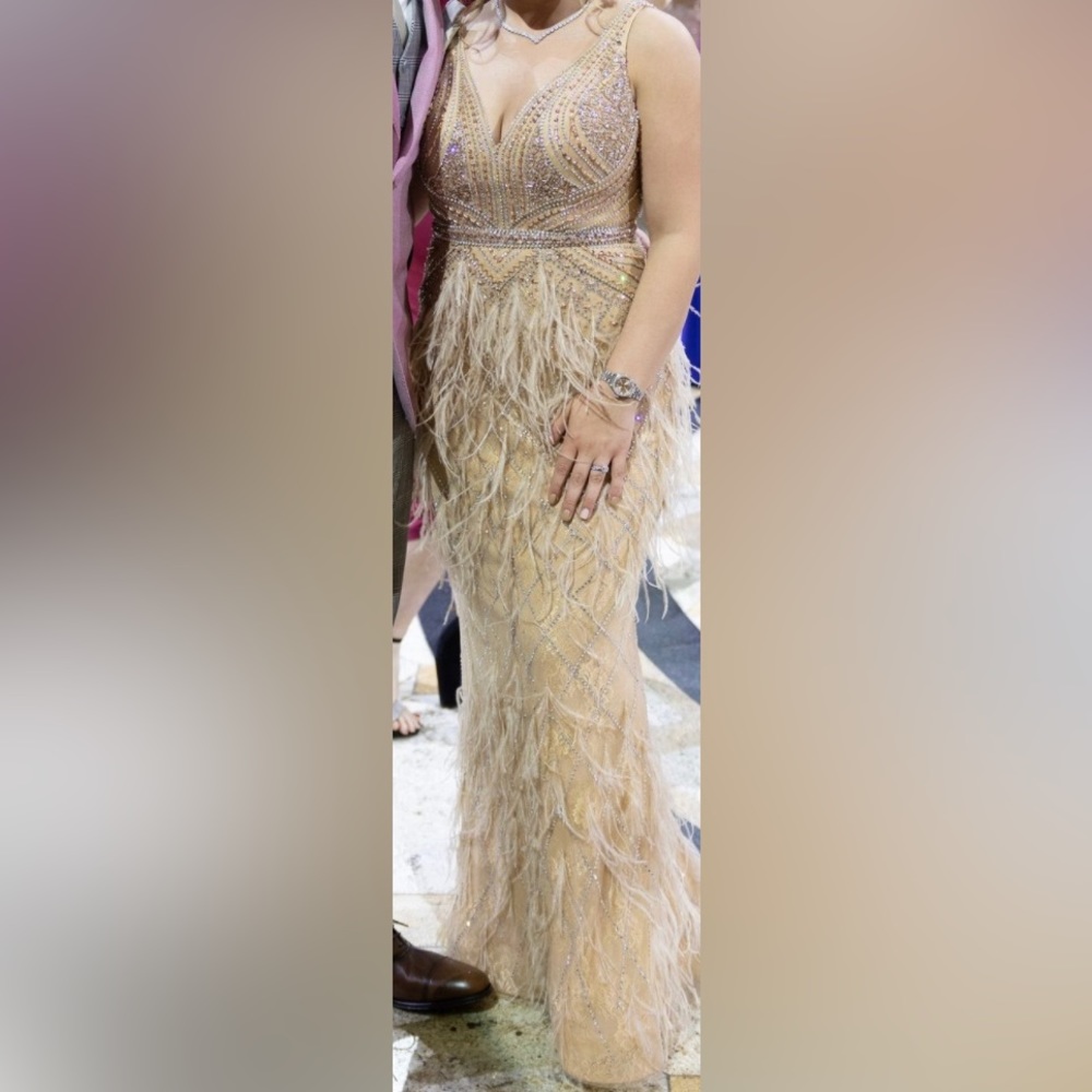 Jovani Gold Feathered Wedding Dress